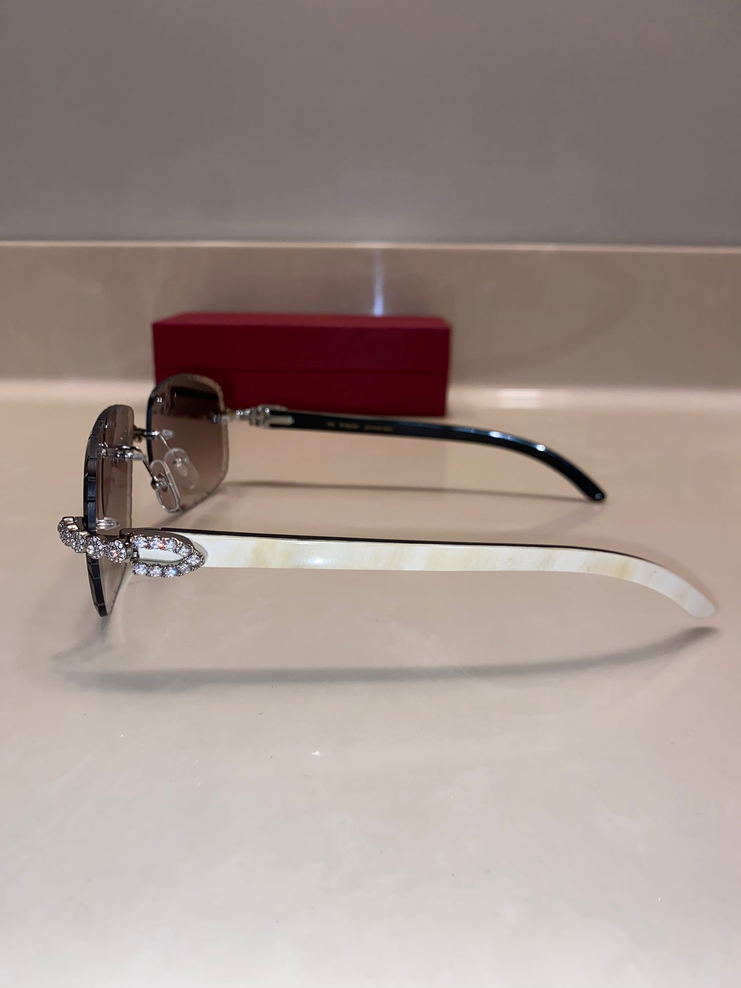 Iced out moissanite Diamond cut White Buffalo horn glasses