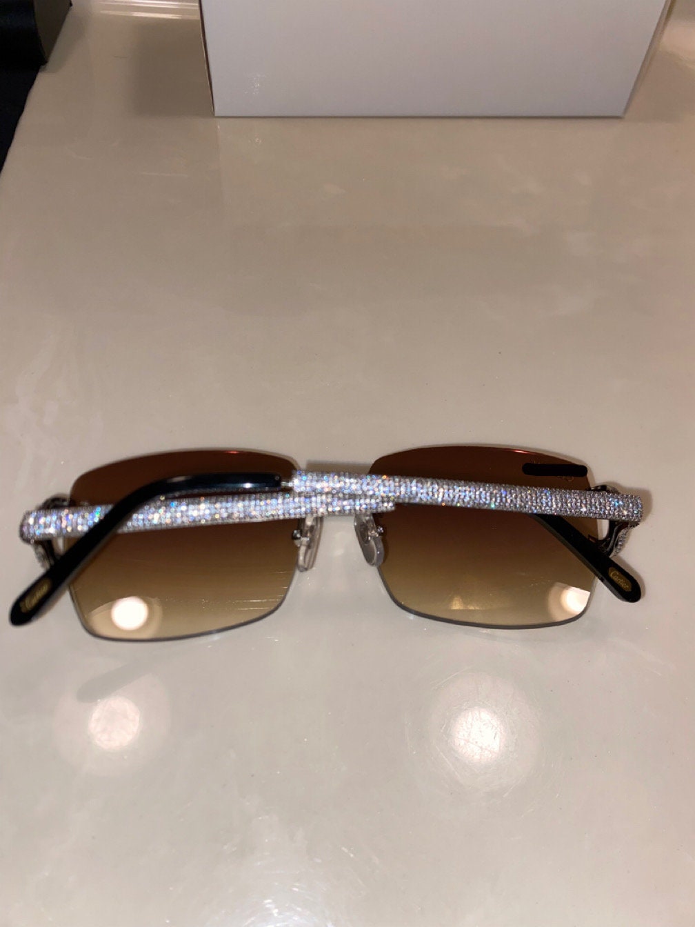 Iced out Rimless C Sunglasses Detroit style Buffs