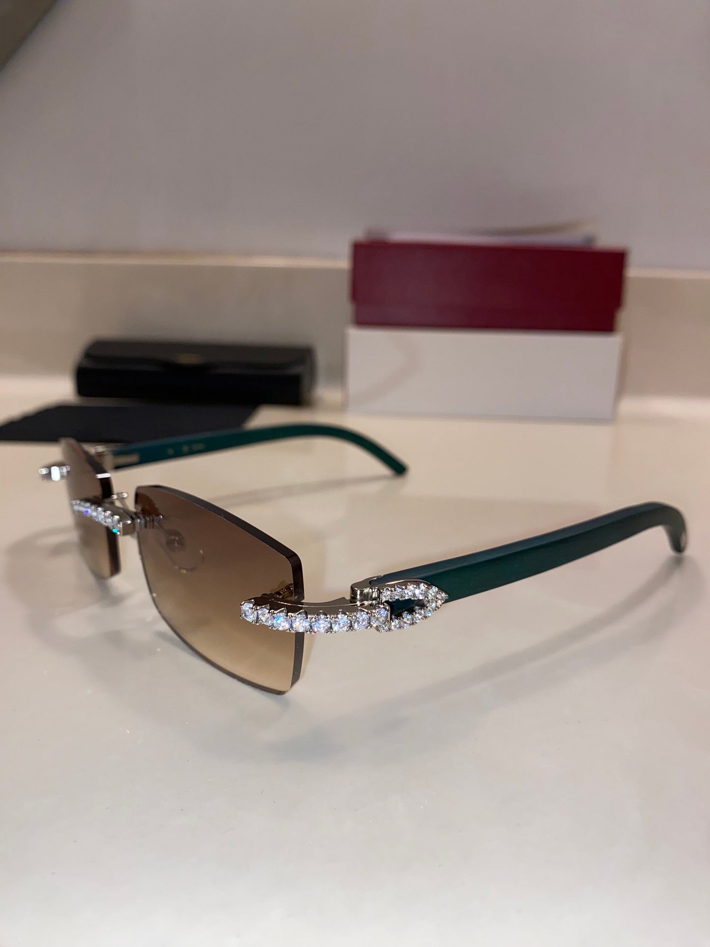 Teal Iced out Rimless Sunglasses Detroit style Buffs